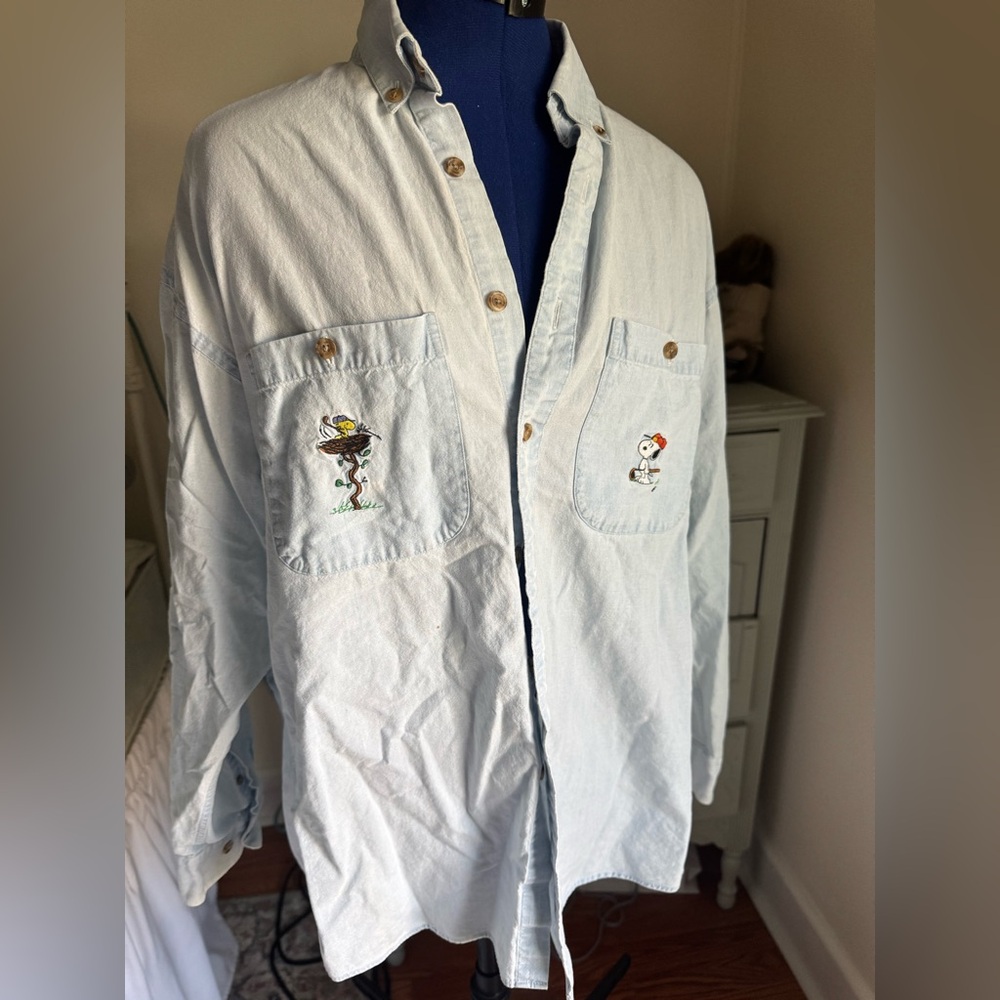 Y2K Embroidered Peanuts Denim Button Down